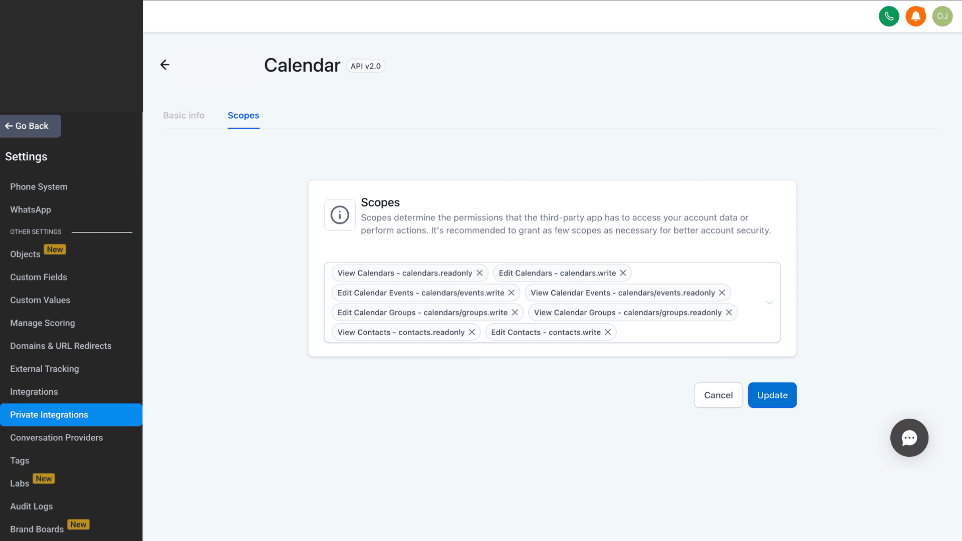 GoHighLevel Private Integrations Scopes